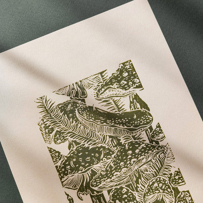 Beige retro cottagecore fly agaric mushroom linocut print sage green color toadstool mushroom relief monoprint original artwork master bedroom hallway decor hostess gift whimsical wall art rustic linogravure forestcore lino vintage living space guest farmhouse kitchen dining room one of a kind engraving above bed reading nook grandmother gift self handprint home office sister botanical hallway printmaking farm sister mom mother godmother wife woman Entryway Earth Tones housewarming staircase