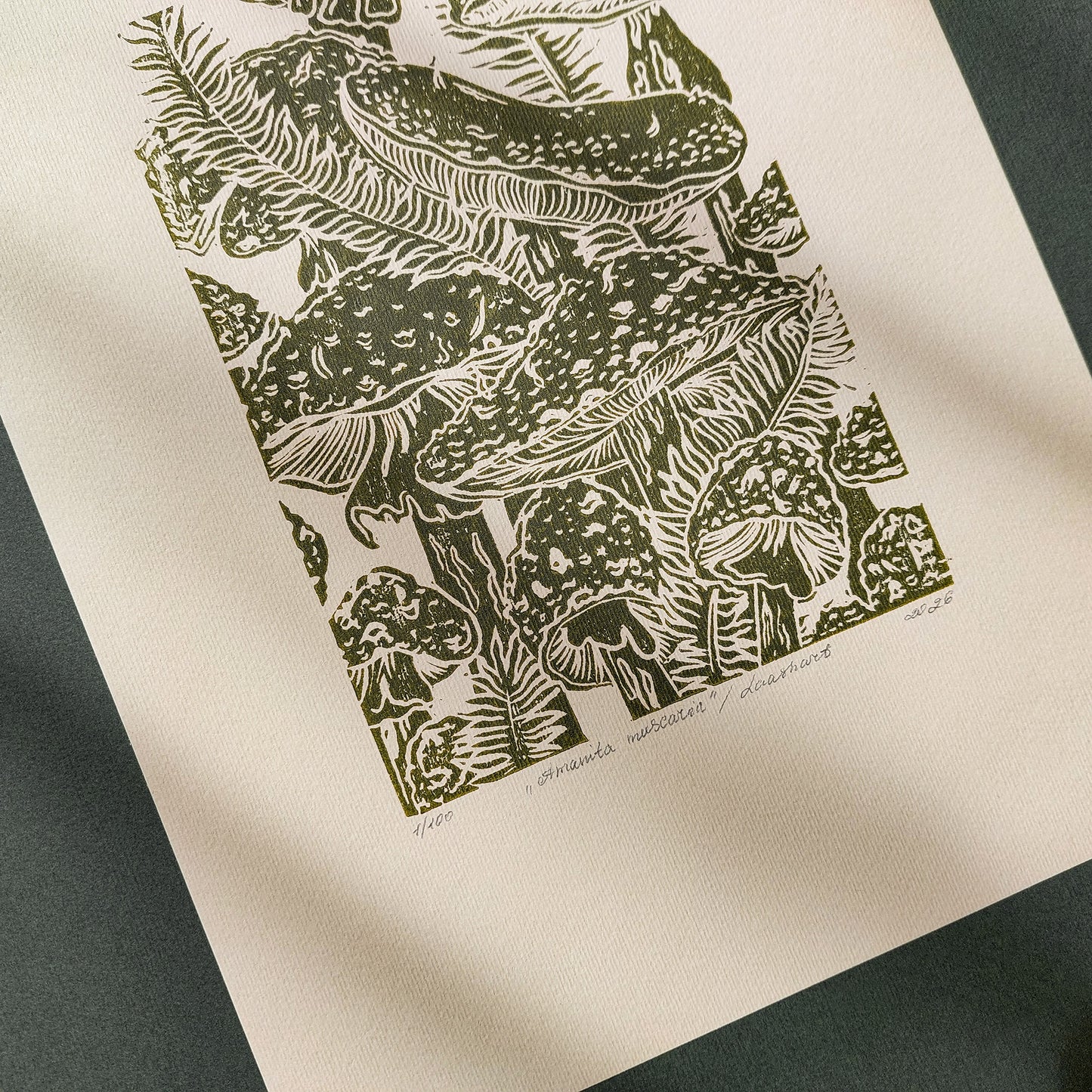 Beige retro cottagecore fly agaric mushroom linocut print sage green color toadstool mushroom relief monoprint original artwork master bedroom hallway decor hostess gift whimsical wall art rustic linogravure forestcore lino vintage living space guest farmhouse kitchen dining room one of a kind engraving above bed reading nook grandmother gift self handprint home office sister botanical hallway printmaking farm sister mom mother godmother wife woman Entryway Earth Tones housewarming staircase