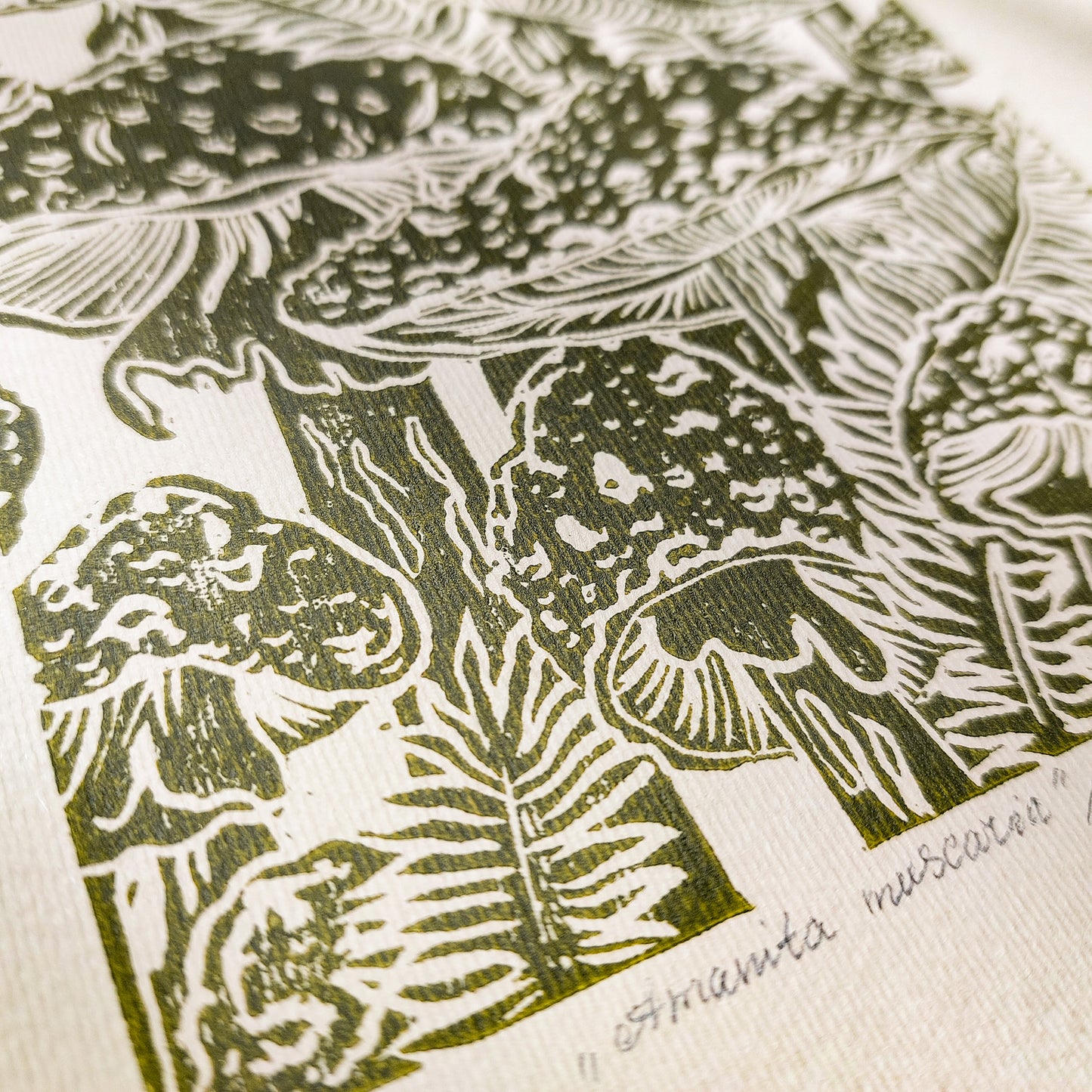 Beige retro cottagecore fly agaric mushroom linocut print sage green color toadstool mushroom relief monoprint original artwork master bedroom hallway decor hostess gift whimsical wall art rustic linogravure forestcore lino vintage living space guest farmhouse kitchen dining room one of a kind engraving above bed reading nook grandmother gift self handprint home office sister botanical hallway printmaking farm sister mom mother godmother wife woman Entryway Earth Tones housewarming staircase