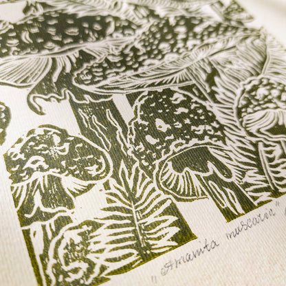 Beige retro cottagecore fly agaric mushroom linocut print sage green color toadstool mushroom relief monoprint original artwork master bedroom hallway decor hostess gift whimsical wall art rustic linogravure forestcore lino vintage living space guest farmhouse kitchen dining room one of a kind engraving above bed reading nook grandmother gift self handprint home office sister botanical hallway printmaking farm sister mom mother godmother wife woman Entryway Earth Tones housewarming staircase