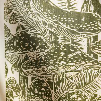 Beige retro cottagecore fly agaric mushroom linocut print sage green color toadstool mushroom relief monoprint original artwork master bedroom hallway decor hostess gift whimsical wall art rustic linogravure forestcore lino vintage living space guest farmhouse kitchen dining room one of a kind engraving above bed reading nook grandmother gift self handprint home office sister botanical hallway printmaking farm sister mom mother godmother wife woman Entryway Earth Tones housewarming staircase