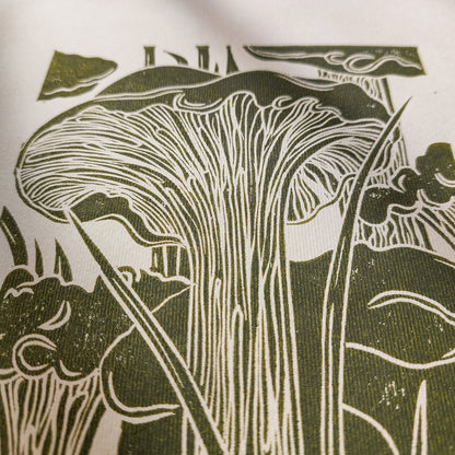 retro cottagecore chanterelle cushroom linocut print sage green color relief monoprint original artwork vintage kitchen pantry decor mother gift ideas whimsical wall art rustic linogravure forestcore lino
 mothers day gift, workspace, mother in law gift, great room wall decor, mom birthday gift, Modern kitchen art, long distance gift, handprinted living room wall art, Linoleum print, laundry room decor, gallery wall hallway, Housewarming gift, retro dining area, hostess gift, primary bedroom art, home gift