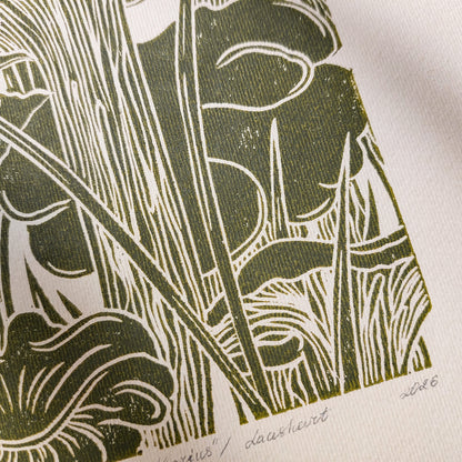 retro cottagecore chanterelle cushroom linocut print sage green color relief monoprint original artwork vintage kitchen pantry decor mother gift ideas whimsical wall art rustic linogravure forestcore lino forestcore decor beige master bedroom hallway hostess gift living space guest farmhouse dining room one of a kind engraving above bed reading nook grandmother gift self handprint home office sister botanical hallway printmaking farm sister mom mother godmother wife woman Earth Tones
