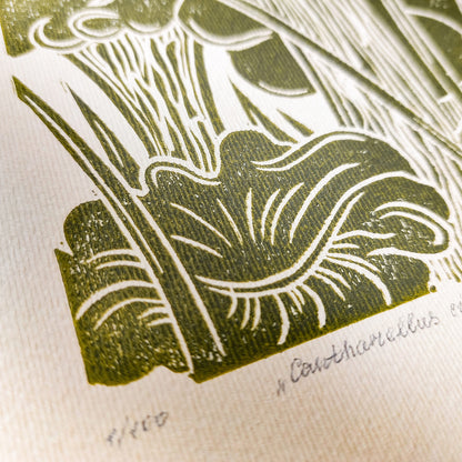 retro cottagecore chanterelle cushroom linocut print sage green color relief monoprint original artwork vintage kitchen pantry decor mother gift ideas whimsical wall art rustic linogravure forestcore lino forestcore decor beige master bedroom hallway hostess gift living space guest farmhouse dining room one of a kind engraving above bed reading nook grandmother gift self handprint home office sister botanical hallway printmaking farm sister mom mother godmother wife woman Earth Tones