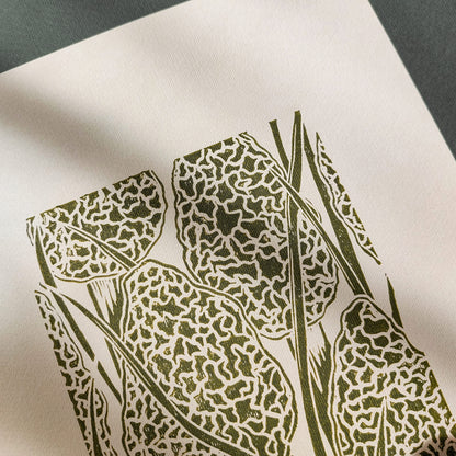 Beige retro cottagecore morel mushroom linocut print forestcore lino sage green color true morels relief monoprint original artwork vintage kitchen english cottage dining wall decor mother gift ideas rustic linogravure master bedroom hallway hostess gift whimsical living space guest farmhouse one of a kind engraving above bed reading nook grandmother gift self handprint home office sister botanical printmaking farm sister mom godmother wife woman Entryway Earth Tones housewarming staircase