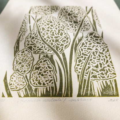 Beige retro cottagecore morel mushroom linocut print forestcore lino sage green color true morels relief monoprint original artwork vintage kitchen english cottage dining wall decor mother gift ideas rustic linogravure master bedroom hallway hostess gift whimsical living space guest farmhouse one of a kind engraving above bed reading nook grandmother gift self handprint home office sister botanical printmaking farm sister mom godmother wife woman Entryway Earth Tones housewarming staircase