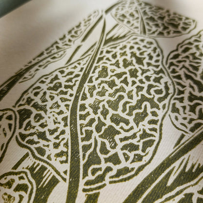 Beige retro cottagecore morel mushroom linocut print forestcore lino sage green color true morels relief monoprint original artwork vintage kitchen english cottage dining wall decor mother gift ideas rustic linogravure master bedroom hallway hostess gift whimsical living space guest farmhouse one of a kind engraving above bed reading nook grandmother gift self handprint home office sister botanical printmaking farm sister mom godmother wife woman Entryway Earth Tones housewarming staircase
