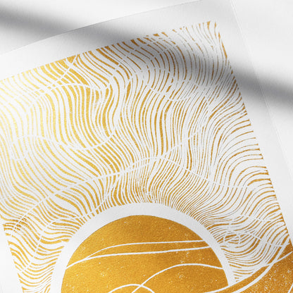 gold boho sun 8x10 inches sunset desert landscape linocut print original artwork living room wall art master bedroom reading nook decor new home newlywed gift rustic linogravure modern lino waves mid century modern mindful rising sun minimalist printmaking bohemian abstract lines contemporary relief handprint geometric unique dopamine eclectic scandinavian trendy aesthetic above bed man cave apartment housewarming dining room dorm entryway laundry office hostess mom mother fall thanksgiving