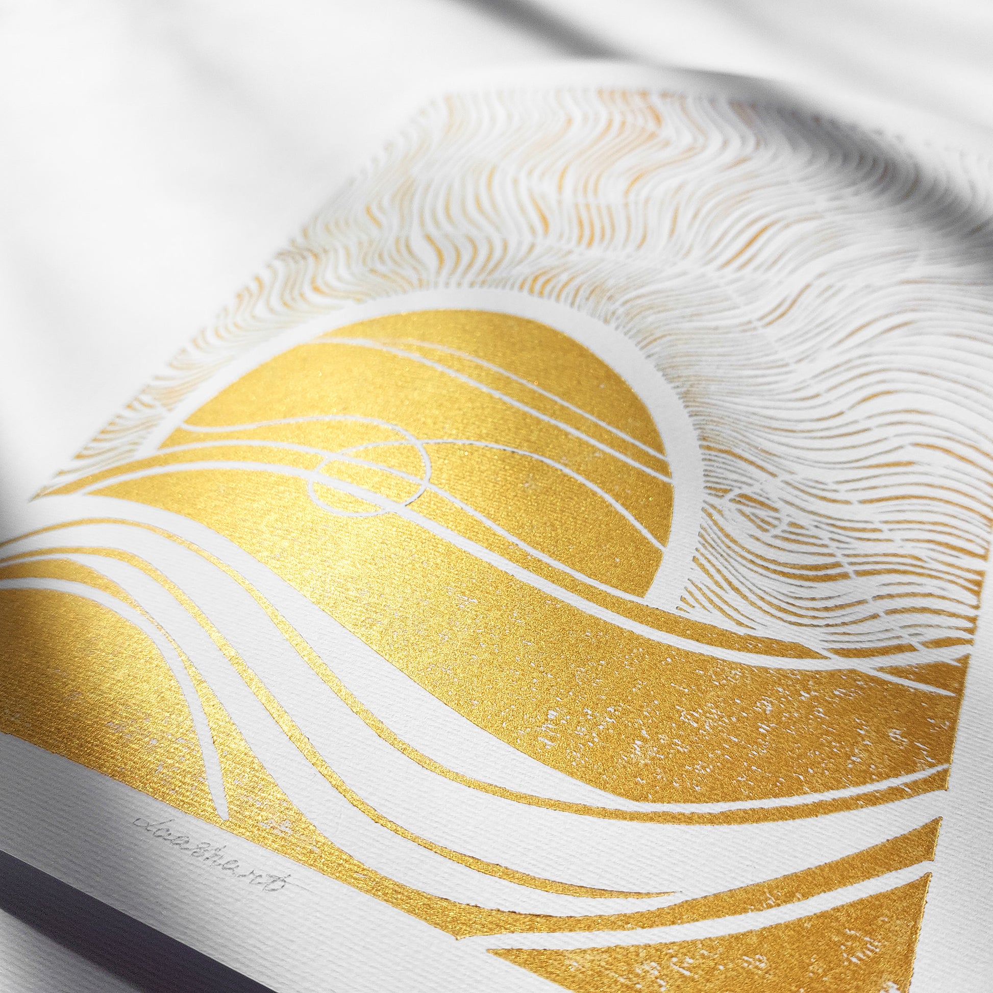 gold boho sun 8x10 inches sunset desert landscape linocut print original artwork living room wall art master bedroom reading nook decor new home newlywed gift rustic linogravure modern lino waves mid century modern mindful rising sun minimalist printmaking bohemian abstract lines contemporary relief handprint geometric unique dopamine eclectic scandinavian trendy aesthetic above bed man cave apartment housewarming dining room dorm entryway laundry office hostess mom mother fall thanksgiving