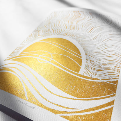gold boho sun 8x10 inches sunset desert landscape linocut print original artwork living room wall art master bedroom reading nook decor new home newlywed gift rustic linogravure modern lino waves mid century modern mindful rising sun minimalist printmaking bohemian abstract lines contemporary relief handprint geometric unique dopamine eclectic scandinavian trendy aesthetic above bed man cave apartment housewarming dining room dorm entryway laundry office hostess mom mother fall thanksgiving