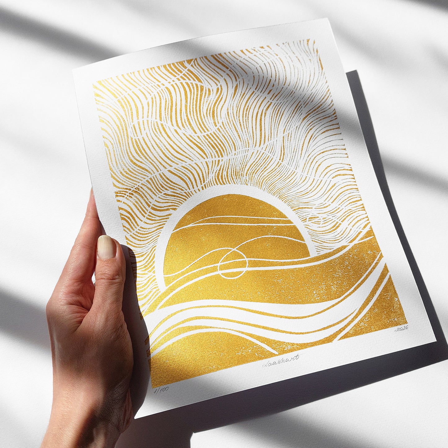 gold boho sun 8x10 inches sunset desert landscape linocut print original artwork living room wall art master bedroom reading nook decor new home newlywed gift rustic linogravure modern lino waves mid century modern mindful rising sun minimalist printmaking bohemian abstract lines contemporary relief handprint geometric unique dopamine eclectic scandinavian trendy aesthetic above bed man cave apartment housewarming dining room dorm entryway laundry office hostess mom mother fall thanksgiving