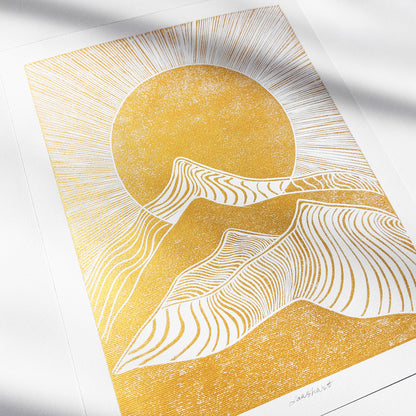 Gold Sun Mountains 8x10 Sunrise Landscape Linocut Print Original Artwork Living Bedroom Home Office Wall Art Decor Self Gift for Him Her
abstract, contemporary, midimalism, maritime living art, island luxe art, geometric boho bohemian, maximalist, mid century modern, japandi, wabi sabi
chic, preppy, girly, nautical, hampton, nautical, coastal