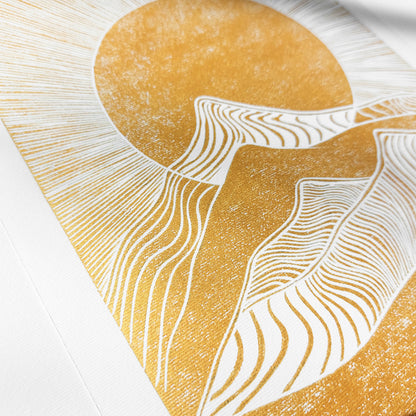gold boho sun abstract mountains 8x10 inches desert landscape linocut print original artwork living room wall art master bedroom home office decor self gift for him for her ideas sunrise lino sunset reading nook new home newlywed gift rustic linogravure modern mid century modern mindful rising sun minimalist printmaking bohemian lines contemporary relief handprint geometric unique dopamine eclectic scandinavian above bed man cave apartment housewarming dorm entryway laundry office mom mother