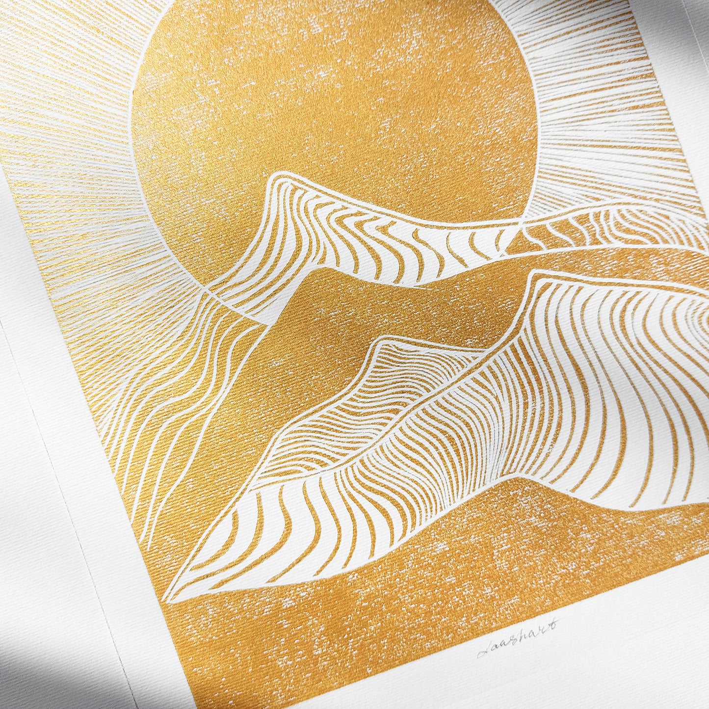 gold boho sun abstract mountains 8x10 inches desert landscape linocut print original artwork living room wall art master bedroom home office decor self gift for him for her ideas sunrise lino sunset reading nook new home newlywed gift rustic linogravure modern mid century modern mindful rising sun minimalist printmaking bohemian lines contemporary relief handprint geometric unique dopamine eclectic scandinavian above bed man cave apartment housewarming dorm entryway laundry office mom mother