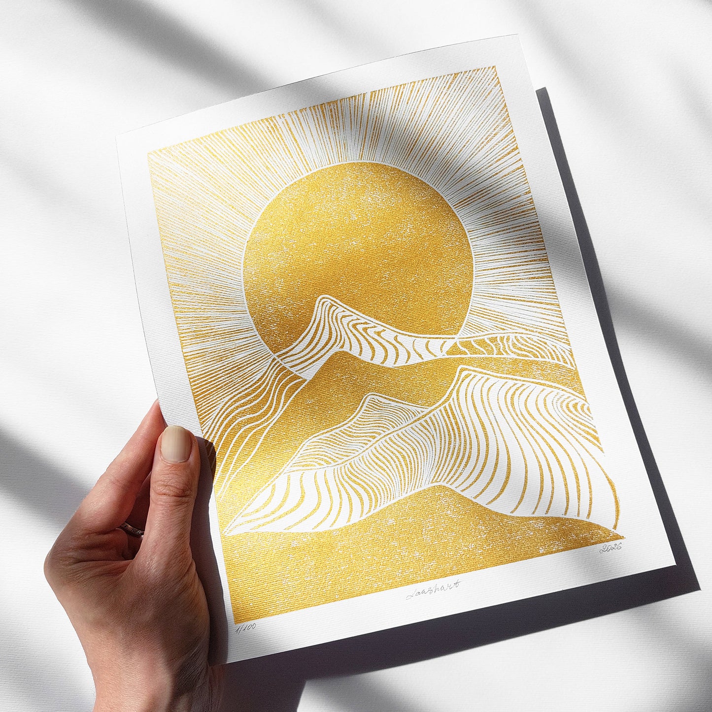 gold boho sun abstract mountains 8x10 inches desert landscape linocut print original artwork living room wall art master bedroom home office decor self gift for him for her ideas sunrise lino sunset reading nook new home newlywed gift rustic linogravure modern mid century modern mindful rising sun minimalist printmaking bohemian lines contemporary relief handprint geometric unique dopamine eclectic scandinavian above bed man cave apartment housewarming dorm entryway laundry office mom mother