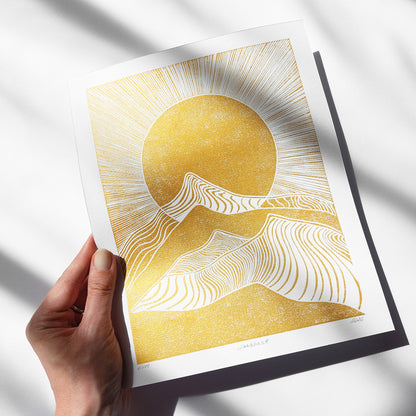 gold boho sun abstract mountains 8x10 inches desert landscape linocut print original artwork living room wall art master bedroom home office decor self gift for him for her ideas sunrise lino sunset reading nook new home newlywed gift rustic linogravure modern mid century modern mindful rising sun minimalist printmaking bohemian lines contemporary relief handprint geometric unique dopamine eclectic scandinavian above bed man cave apartment housewarming dorm entryway laundry office mom mother