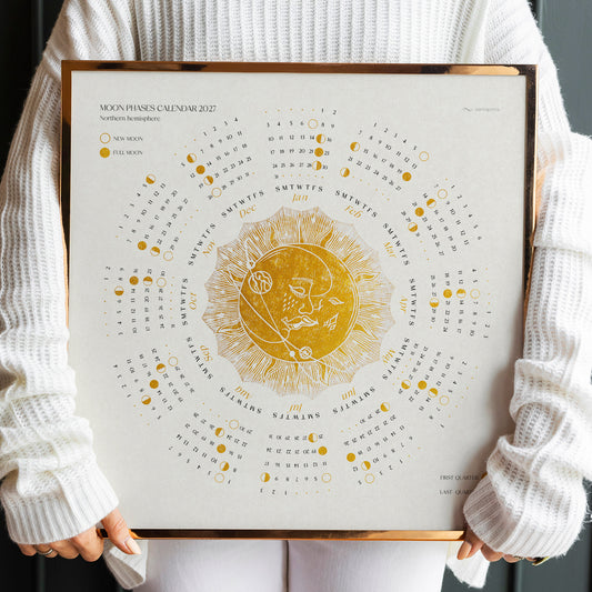 Xmas gift printable calendar gold kiss moon sun desktop wallpaper iPad wallpaper home office decor new year gift christmas present digital download lunar calendar yearly 2027 moon phases large square poster wall art linocut prints retro lino modern kitchen grand millennial mom living antique illustration dining hostess earth tones downloadable bedroom housewarming laundry mother grandmother sister self wife women girlfriend Entryway reading nook engraving etching workspace entryway foyer hallway