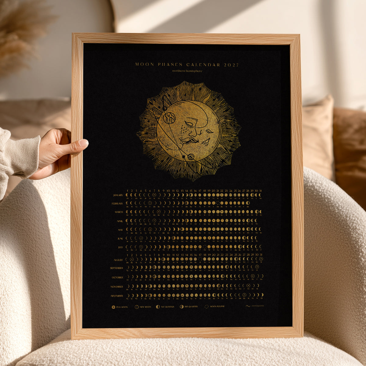 2027 moon phases lunar phases chart printable calendar kiss moon sun linocut prints whimsical decor primary bedroom digital poster lunar new year girlfriend gift INSTANT DOWNLOAD black gold lino glamoratti wall art download home office Dark Academia Mystical boho bohemian classical christmas illustrated workspace coworker new apartment prints modern holiday xmas teacher housewarming homeowner friend downloadable aesthetic wall hanging mother grandmother sister self wife women hostess girlfriend