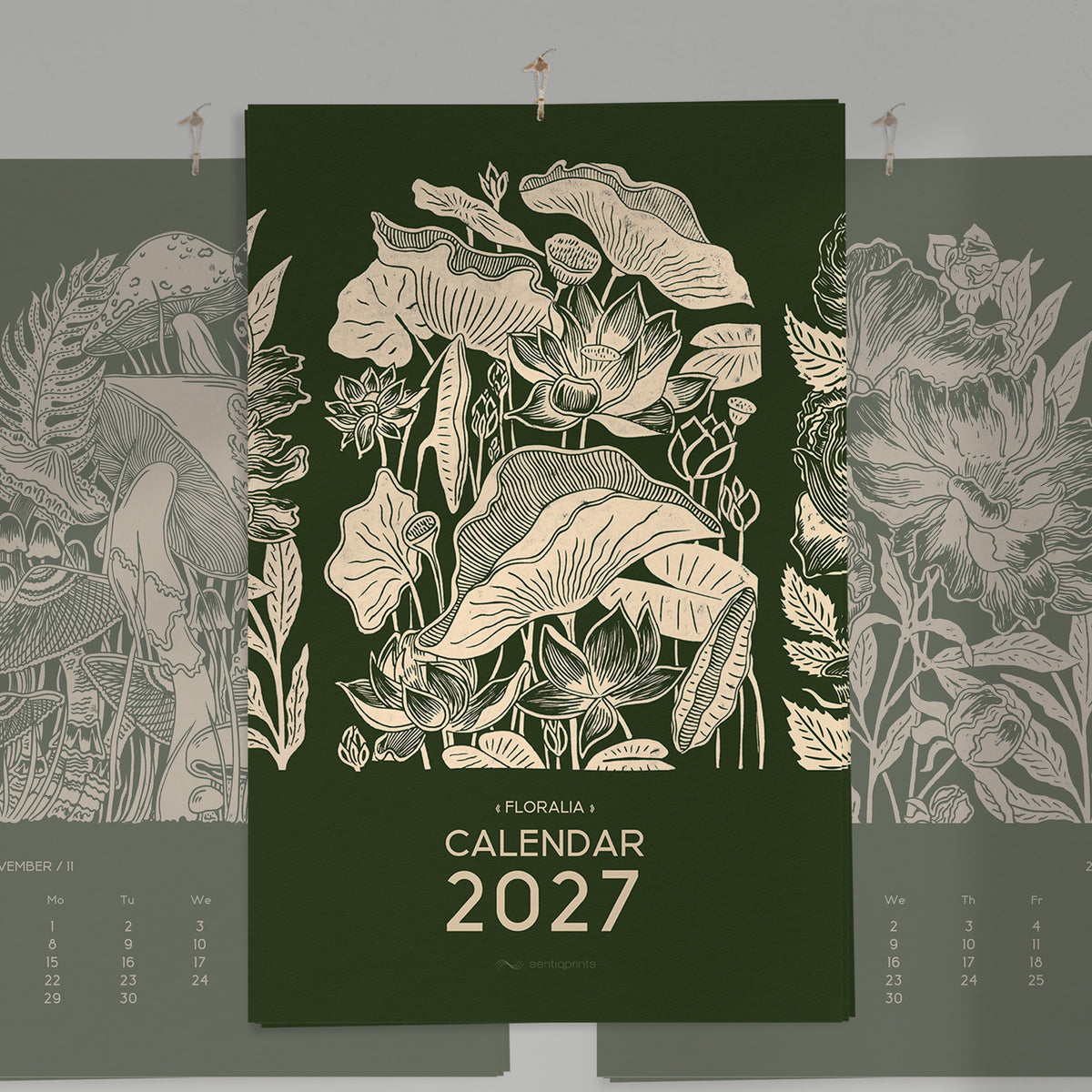 Dark green printable botanical flowers monthly 11x17in linocut prints illustrated calendar living room wall art home office decor new year hostess gift grandmother gift INSTANT DOWNLOAD 2027 wall calendar floral lino nature lover bedroom self vintage christmas xmas digital product modern kitchen plant Cottagecore large hostess vertical coworker housewarming new homeowner friend downloadable rustic hanging farmhouse mother grandmother sister wife women farm girlfriend foraged godmother for her