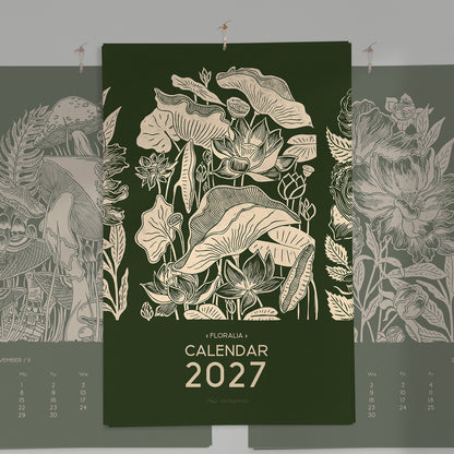 Dark green printable botanical flowers monthly 11x17in linocut prints illustrated calendar living room wall art home office decor new year hostess gift grandmother gift INSTANT DOWNLOAD 2027 wall calendar floral lino nature lover bedroom self vintage christmas xmas digital product modern kitchen plant Cottagecore large hostess vertical coworker housewarming new homeowner friend downloadable rustic hanging farmhouse mother grandmother sister wife women farm girlfriend foraged godmother for her