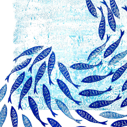 Blue Printable blue mini fish Linocut and monotype prints nautical hampton Maritime living 