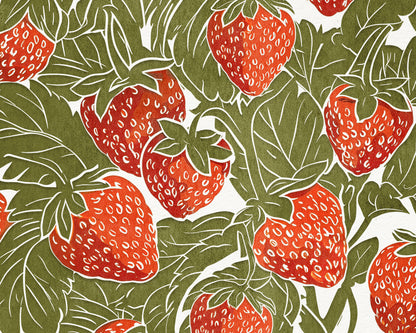 Sage green red strawberries Printable linocut prints wall art Relief texture Foraged farm berry decor Digital downloadable kitchen poster Digital instant download Farm farmhouse rustic Nature lover gift fruit prints lino linogravure vintage Bedroom living room 