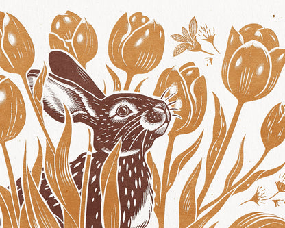 Hare with tulips and plant Printable linocut prints Ochre brown wall art relief lino texture Foraget decor Digital downloadable poster