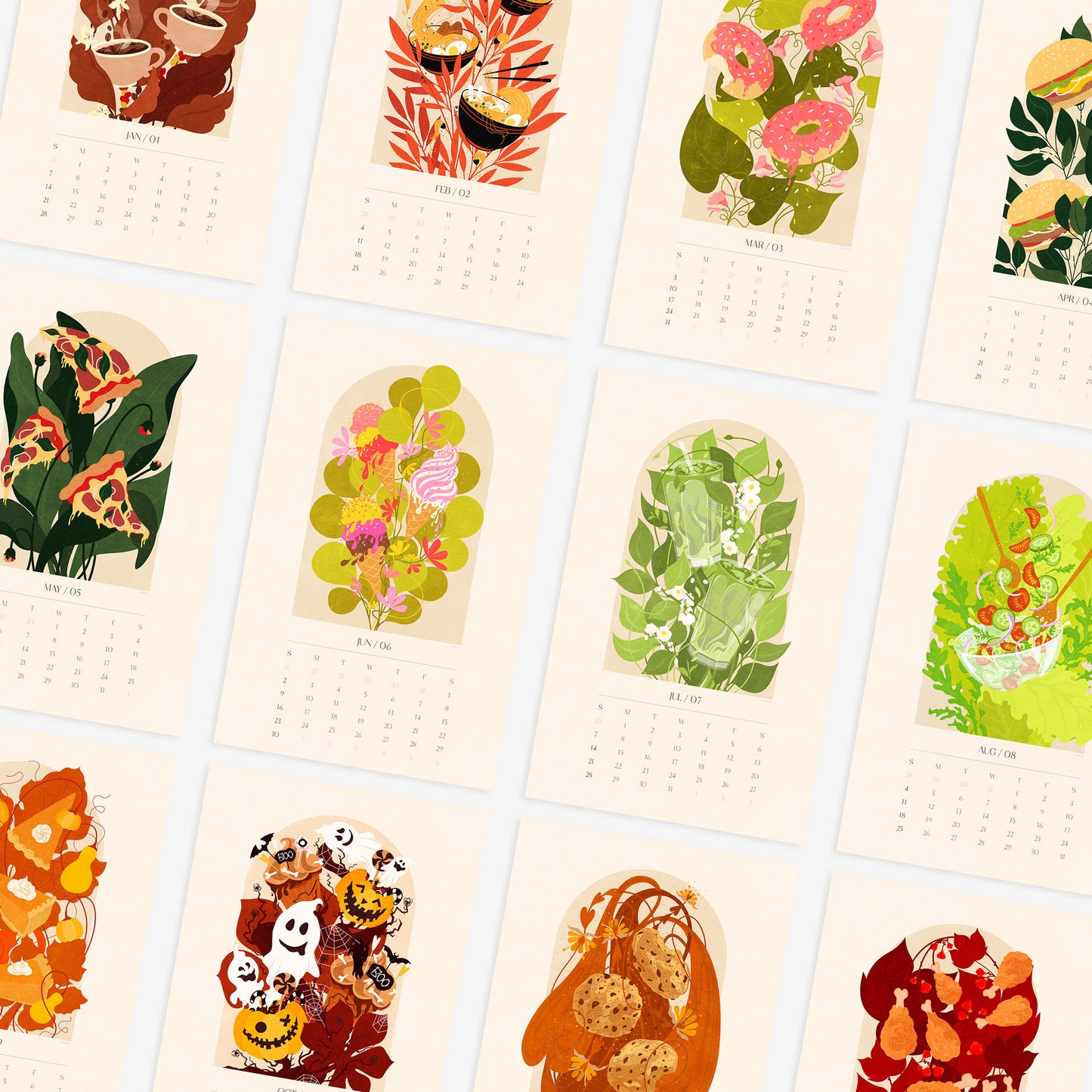 Personalized 2026 calendar 11x17in Botanical food and drink Printable Illustrated calendar foodie rainbow pizza ramen coffee donuts burger ice cream matcha summer salad pumpkin pie desert Halloween chip chocolate fried chicken girlfriend gift, gift for boyfriend, gift for her friend, anniversary gift, teacher appreciation gift, easter gift, grandma gift, new mom gift, grandmother gift, gift for aunt, hostess gift, teacher appreciation back to school, host gift, aunt gift, godmother gift, godparent gift