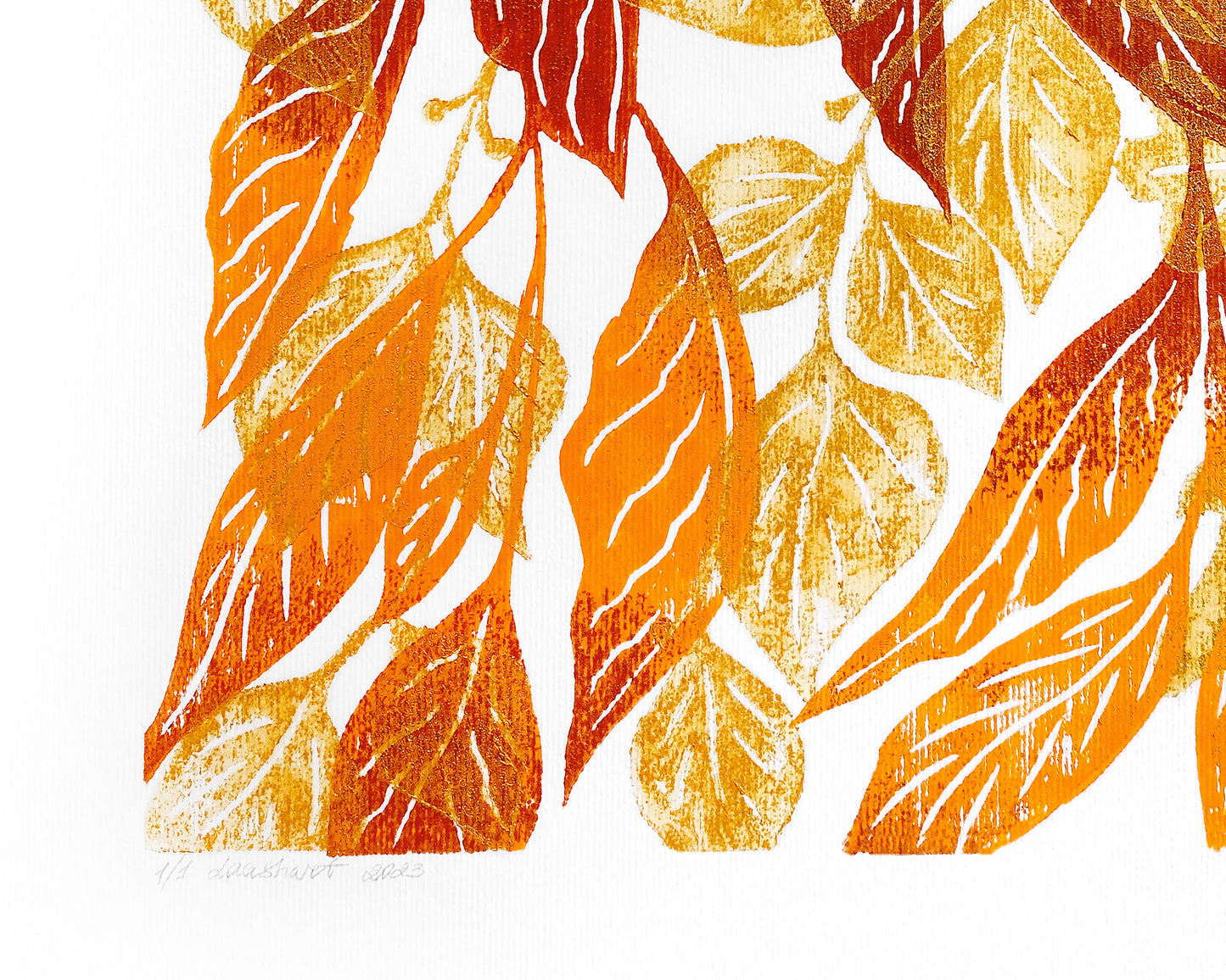 Warm tones autumn foraged leaves Printable linocut wall art for bedroom or living room decor, Seasonal decorations, Fall poster, instant download, digital poster, cottagecore wall art, Nature lover gift, Leaf wall poster, Gold orange brown relief print, oil texture