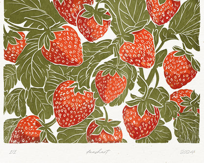 Sage green red strawberries Printable linocut prints wall art Relief texture Foraged farm berry decor Digital downloadable kitchen poster Digital instant download Farm farmhouse rustic Nature lover gift fruit prints lino linogravure vintage Bedroom living room 