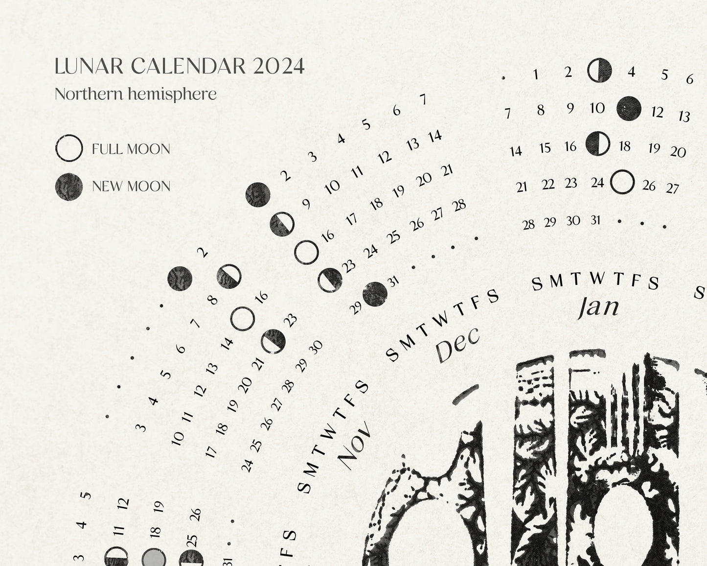 Printable Lunar calendar 2024 Black and beige vintage with cooking utensils monotype illustration for Kitchen wall decor INSTANT DOWNLOAD, northern hemisphere, Digital yearly calendar 2024, classic illustration, spoon fork knife art, dining room wall decor