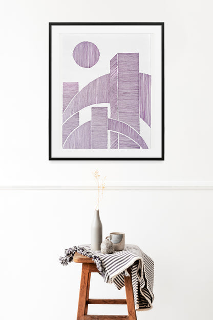 Violet Geometric abstract cityscape line shapes artwork for New home gift UNFRAMED for living room, or bedroom original artwork