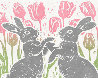 Printable linocut prints Dancing rabbits with tulips flower and plant wall art Relief texture Cottagecore decor Digital downloadable poster Kids children room Pink gray sage green color illustration Instant download Farm modern bedroom decor