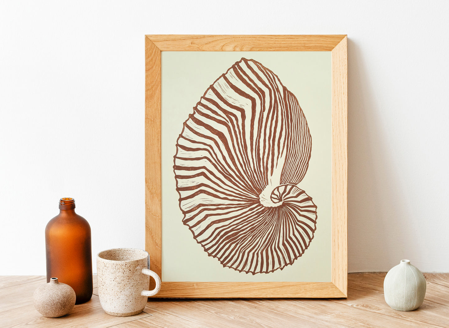 Beige and brown sea shell art Linocut print art for Bedroom or bathroom wall decor UNFRAMED / living room wall adecor for New home gift, houswarming gift, nature lover gift, Nautical wall decor, Simple artwork, Hampton style decor, Coastal wall art