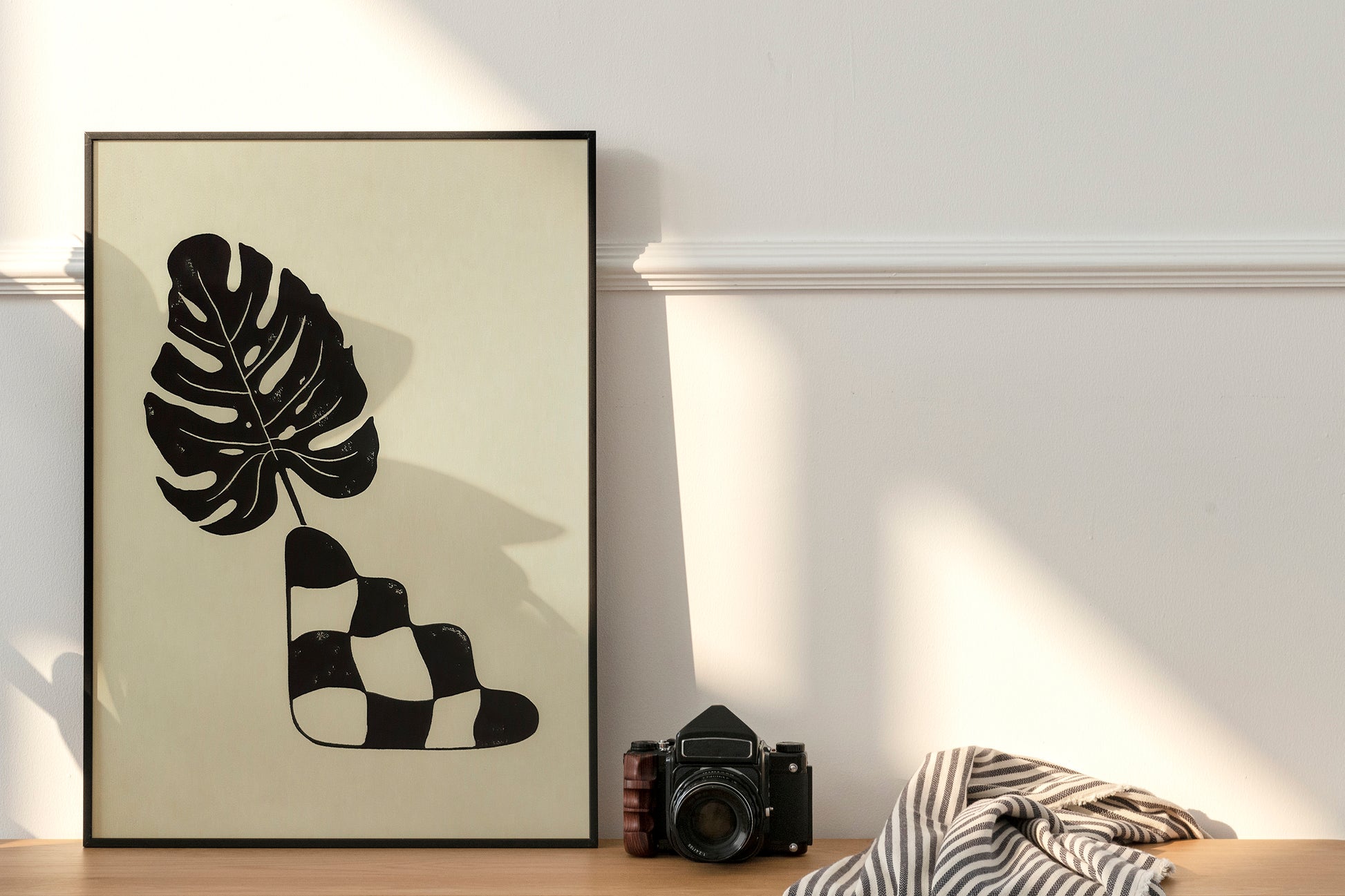 Black and beige checkered vase and monstera leaf wall art Linocut print for New home gift UNFRAMED for  living room, bedroom