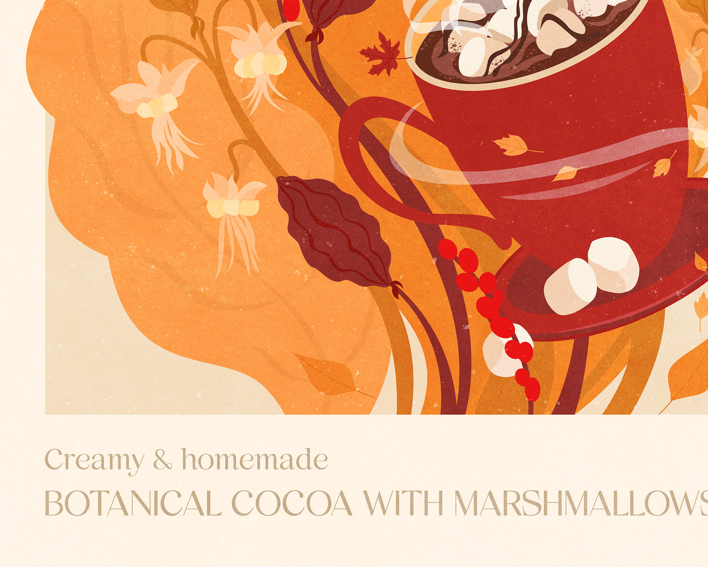 Botanical vintage Cocoa with marshmallow poster Autumn wall art for modern kitchen decor, Floral wall art, hot drink wall decor, fall mood decor, dining room, kids room, bedroom illustration digital