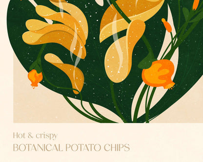 Hot and crispy botanical potato chips digital poster printable illustration wall art