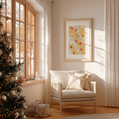 Yellow gray funny modern autumn magical forest first snow red house village printable wall art large linocut prints warm earth tones kids room decor bedroom wall decor digital poster instant download holiday season foraged thanksgiving table self gift affordable lino download rustic fall living room nature thank you mom aesthetic home office housewarming new home modern downloadable hanging moody kitchen dining dorm laundry mom mother grandmother sister wife women farm hostess girlfriend