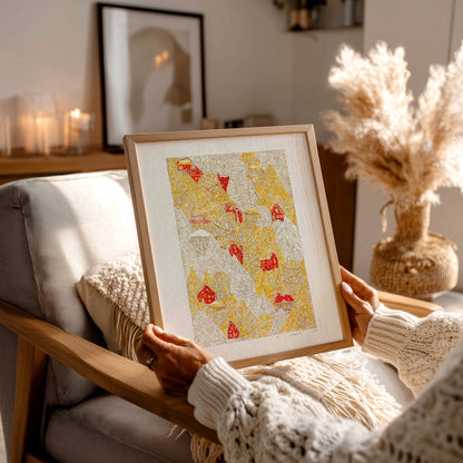 Yellow gray funny modern autumn magical forest first snow red house village printable wall art large linocut prints warm earth tones kids room decor bedroom wall decor digital poster instant download holiday season foraged thanksgiving table self gift affordable lino download rustic fall living room nature thank you mom aesthetic home office housewarming new home modern downloadable hanging moody kitchen dining dorm laundry mom mother grandmother sister wife women farm hostess girlfriend