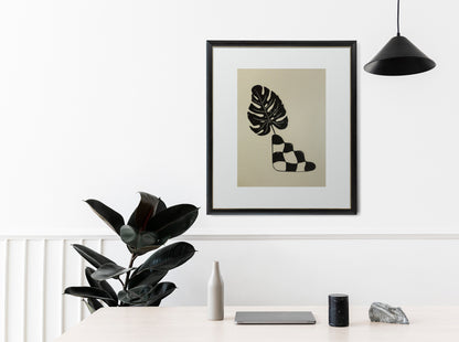Black and beige checkered vase and monstera leaf wall art Linocut print / lino print / linogravure / original artwork / relief print / handmade art