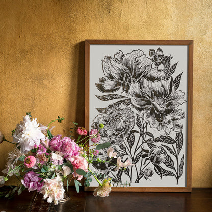Black peony flowers Linocut print Peonies wall art decor Linogravure, Lino print housewarming gift, new apartment gift, nature print, nature lover gift, mothers day gift ideas, mothers day gift from daughter, mothers day gift, mother in law gift, mom birthday gift, Modern kitchen art, long distance gift, living room wall art, Linoleum print, laundry room decor,&nbsp; Housewarming gift, hostess gift, home gift unique, heirloom gift, heilroom wall decor, handmade gift for women, handmade gift for the home