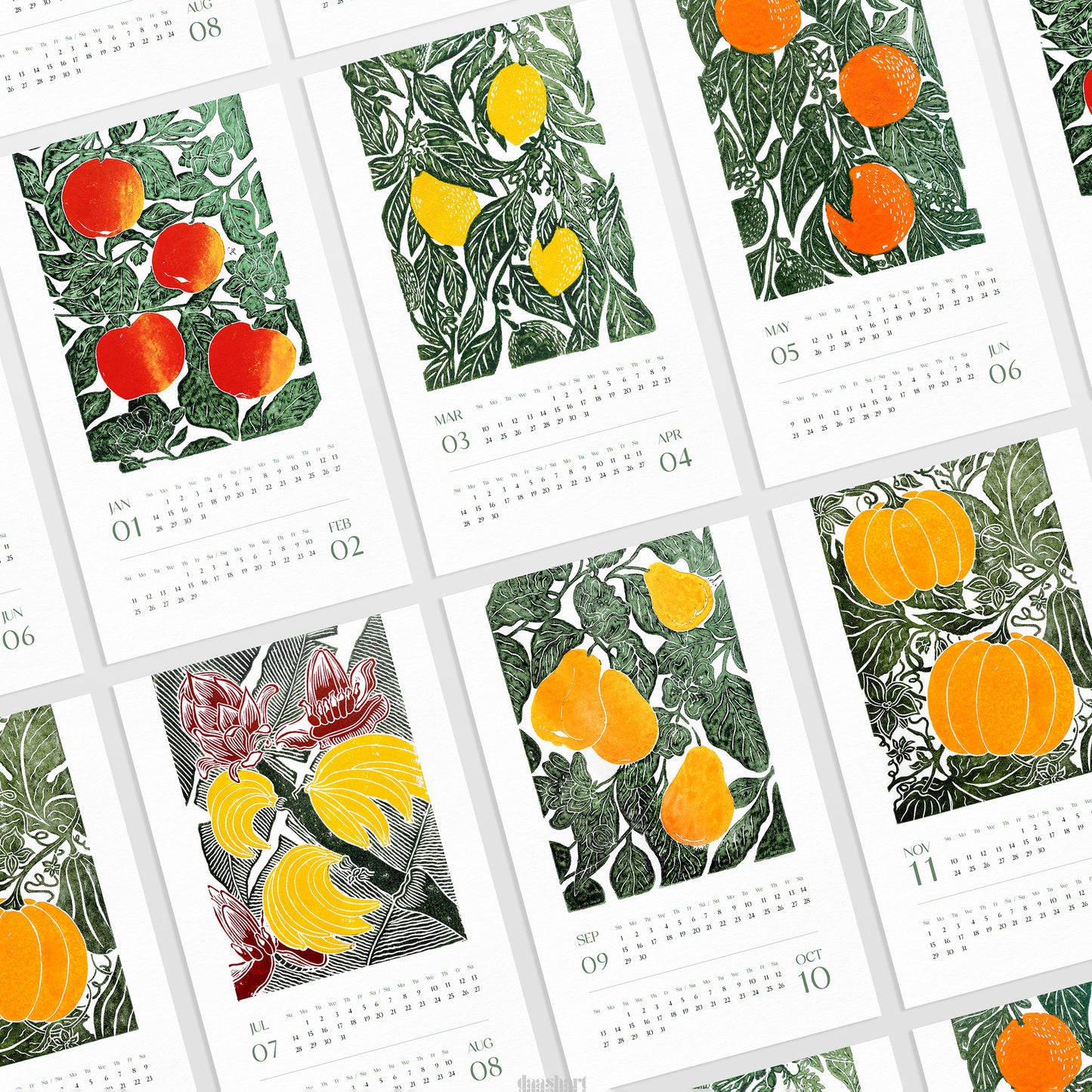 Bright apples lemon oranges banana pear pumpkin botanical printable calendar 2026 with Floral fruits and vegetable 11x17in linocut illustrated wall decor new year gift trendy wall art aesthetic wall art, Christmas, bedroom wall decor, modern kitchen art, dining room decor, Thank You Gift, bathroom prints, living room wall art, dorm room decor, laundry room decor, mens room decor, home office decor, man cave room