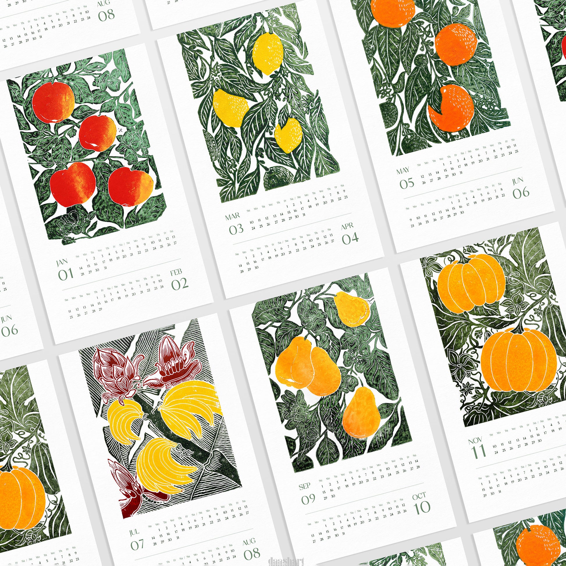Bright apples lemon oranges banana pear pumpkin botanical printable calendar 2026 with Floral fruits and vegetable 11x17in linocut illustrated wall decor new year gift trendy wall art aesthetic wall art, Christmas, bedroom wall decor, modern kitchen art, dining room decor, Thank You Gift, bathroom prints, living room wall art, dorm room decor, laundry room decor, mens room decor, home office decor, man cave room
