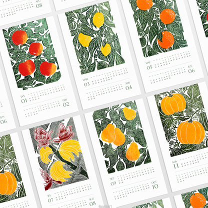 Bright apples lemon oranges banana pear pumpkin botanical printable calendar 2026 with Floral fruits and vegetable 11x17in linocut illustrated wall decor new year gift trendy wall art aesthetic wall art, Christmas, bedroom wall decor, modern kitchen art, dining room decor, Thank You Gift, bathroom prints, living room wall art, dorm room decor, laundry room decor, mens room decor, home office decor, man cave room