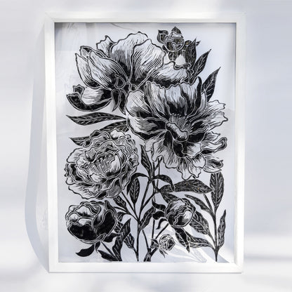 peony flowers flexible plexiglass large linocut print floral lino relief block original artwork reading nook decor fine housewarming gift botanical bedroom unique linogravure rustic entryway handprint cottagecore hallway block living room wall art sister christmas gift ideas peonies modern kitchen grandmother new home hostess one of a kind office nature lover farmhouse printmaking farm self mom mother new apartment godmother wife woman handmade dining for Her Entryway Dorm coworker present