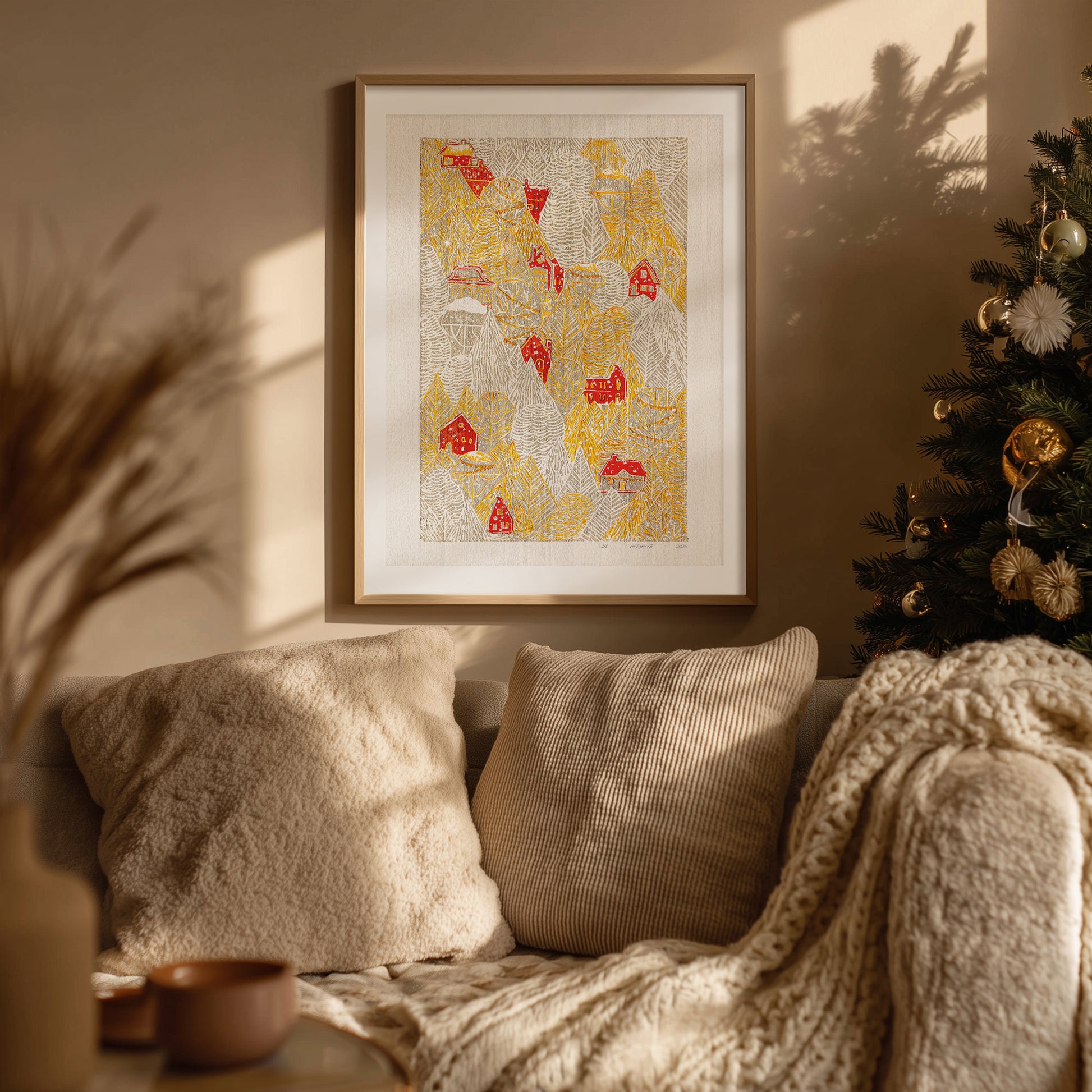 Yellow gray funny modern autumn magical forest first snow red house village printable wall art large linocut prints warm earth tones kids room decor bedroom wall decor digital poster instant download holiday season foraged thanksgiving table self gift affordable lino download rustic fall living room nature thank you mom aesthetic home office housewarming new home modern downloadable hanging moody kitchen dining dorm laundry mom mother grandmother sister wife women farm hostess girlfriend