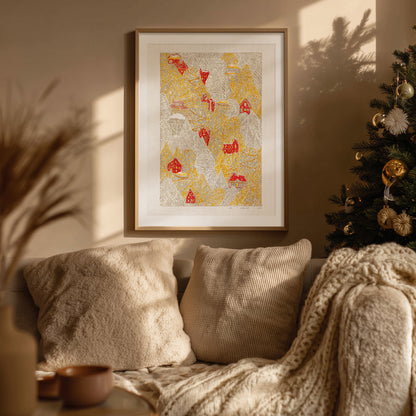 Yellow gray funny modern autumn magical forest first snow red house village printable wall art large linocut prints warm earth tones kids room decor bedroom wall decor digital poster instant download holiday season foraged thanksgiving table self gift affordable lino download rustic fall living room nature thank you mom aesthetic home office housewarming new home modern downloadable hanging moody kitchen dining dorm laundry mom mother grandmother sister wife women farm hostess girlfriend