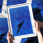 Girl swimming and abstract blue water Linocut print art for Bedroom wall decor
