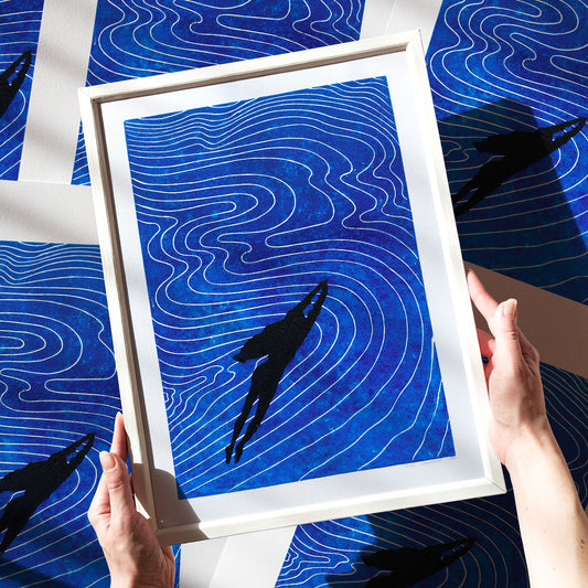 linocut print original artwork woman swimming linogravure living room wall art abstract navy blue waves printmaking new home gift lino coastal minimalist spiritual relief block ocean nautical bedroom maritime hostess gift self hand carved handprint large unique nature dopamine summer textured trendy aesthetic moody hampton classical bathroom modern kitchen dining room dorm laundry  above bed entryway decordried home office decor new home gift handmade housewarming farmhouse wall art decor