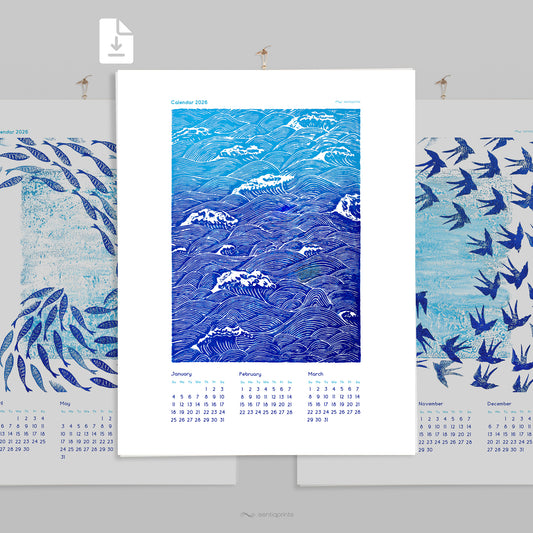 2026 wall printable illustrated calendar blue ocean waves fish sky clouds bird linocut monotype prints bedroom decor INSTANT DOWNLOAD coastal wall hampton digital download new year gift ideas new year gift, christmas present, illustrated calendar, wall calendar 2026, holiday calendar 2026, instant download, digital product, downloadable art, wall hanging, unique wall art, Xmas Gift for Nature Lover, minimalist wall art, large wall art, moody wall art, trendy wall art, aesthetic wall art, Christmas, bedroom

